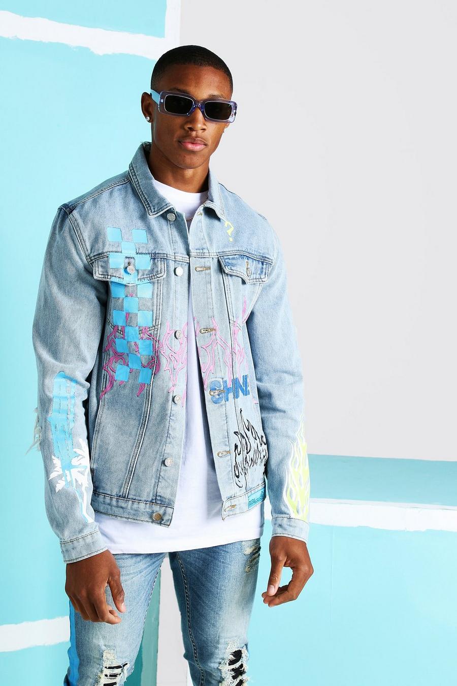 Denim Jacket With All Over Graffiti Print | boohoo Denim Jacket With All Over Graffiti Print | boohoo
